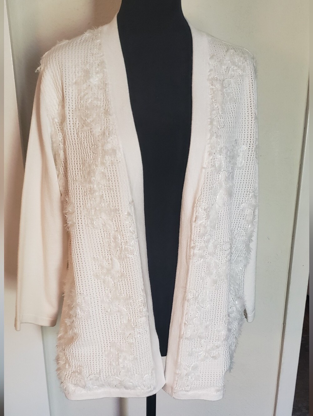 Anne Klein Cream Open-Front Floral Applique Cardigan